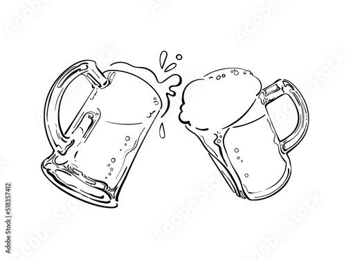 Sketch of two toasting beer mugs. Cheers. Clinking glass tankards. Hand drawn vector illustration.