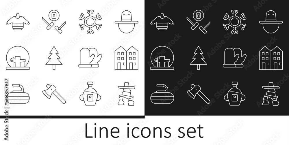 Set line Inukshuk, House, Snowflake, Christmas tree, Montreal Biosphere, sweater, mitten and Curling sport game icon. Vector