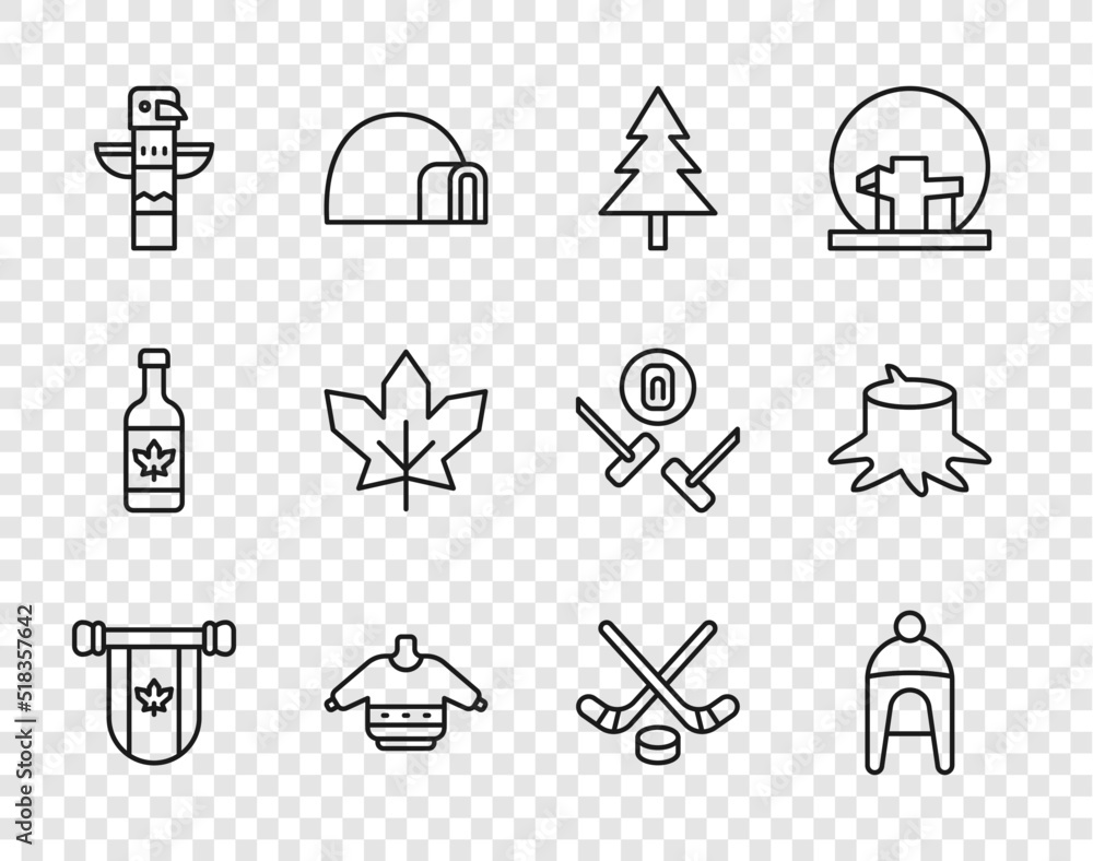 Set line Pennant Canada, Winter hat, Christmas tree, sweater, Canadian totem pole, maple leaf, Ice hockey sticks and puck and Tree stump icon. Vector Set line Pennant Canada, Winter hat, Christmas tree, sweater, Canadian totem pole, maple leaf, Ice hockey sticks and puck and Tree stump icon. Vector