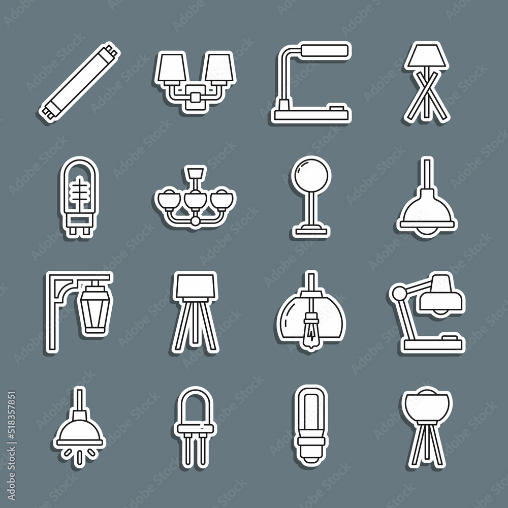 Set line Floor lamp, Table, Lamp hanging, Chandelier, Light emitting diode, Fluorescent and icon. Vector Set line Floor lamp, Table, Lamp hanging, Chandelier, Light emitting diode, Fluorescent and icon. Vector