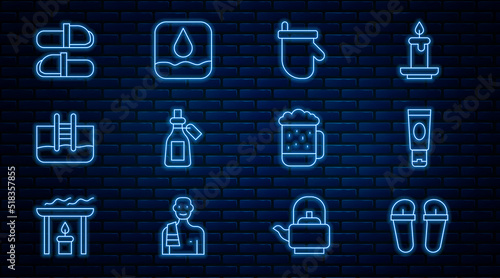 Set line Flip flops, Cream or lotion cosmetic tube, Sauna mittens, Essential oil bottle, Swimming pool with ladder, slippers, Wooden beer mug and Water drop icon. Vector