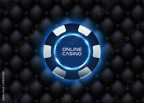 Silver blue neon light poker chip black textured plastic vector casino logo on black upholstery leather luxury background. Futuristic poker tournament or club emblem blue LED light circle backlight