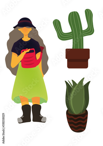 girl gardener in a hat who takes care of her plants next to pots in which succulents and cactus