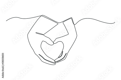 Continuous one line drawing two hands make heart shape. Peace day concept. Single line draw design vector graphic illustration.
