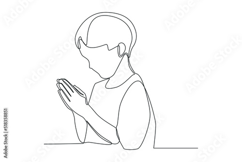 Continuous one line drawing little boy praying for world peace. Peace day concept. Single line draw design vector graphic illustration.