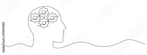 Human head with gears. Concept of good mental health. Continuous one line drawing. Destress management in psychology. Vector illustration