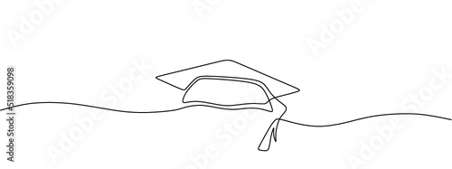 One continuous line drawing of graduation hat logo emblem. Study graduating cap logotype icon template concept. Trendy single line draw graphic design vector illustration