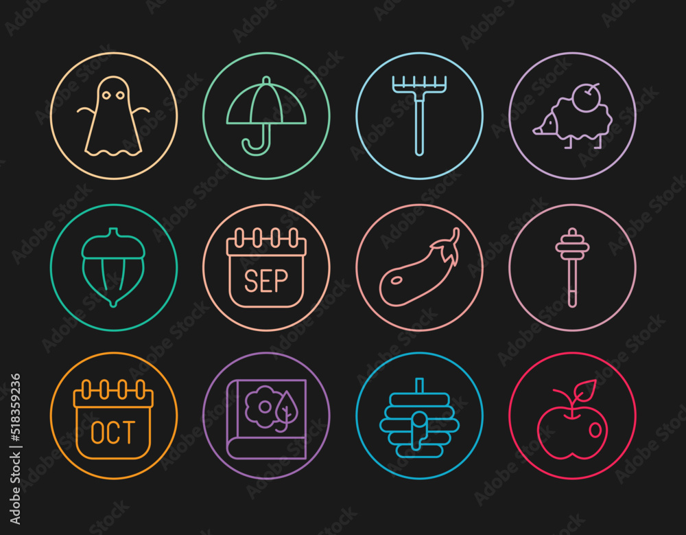Set line Apple, Honey dipper stick, Garden rake, September calendar autumn, Acorn, Ghost, Eggplant and Umbrella icon. Vector Set line Apple, Honey dipper stick, Garden rake, September calendar autumn, Acorn, Ghost, Eggplant and Umbrella icon. Vector