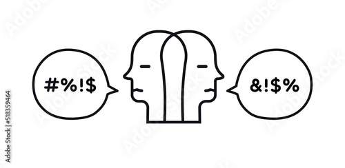 Broken human communication concept illustration, bad swear talk two person hand draw line style. Hard speaking, abusing talk, depression, stress discussion, anxiety, obscene behavior. 10 eps