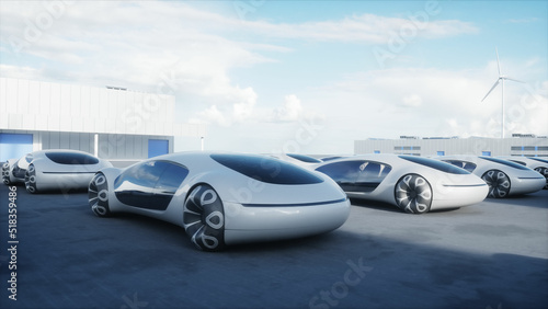 Futuristic electrick cars on warehouse parking. Logistic center. Green energy concept. 3d rendering. © 3D motion