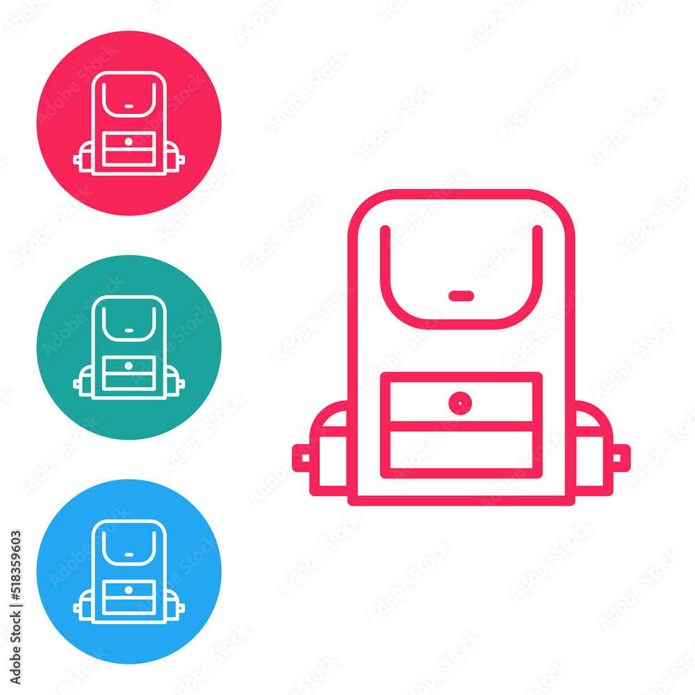 Red line Hiking backpack icon isolated on white background. Camping and mountain exploring backpack. Set icons in circle buttons. Vector Red line Hiking backpack icon isolated on white background. Camping and mountain exploring backpack. Set icons in circle buttons. Vector