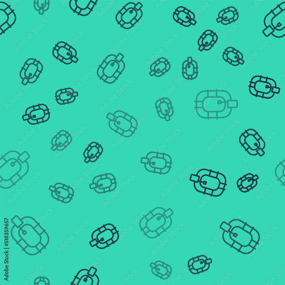 Black line Inflatable boat icon isolated seamless pattern on green background. Rafting boat. Water sports, extreme sports, holiday, vacation. Vector Black line Inflatable boat icon isolated seamless pattern on green background. Rafting boat. Water sports, extreme sports, holiday, vacation. Vector
