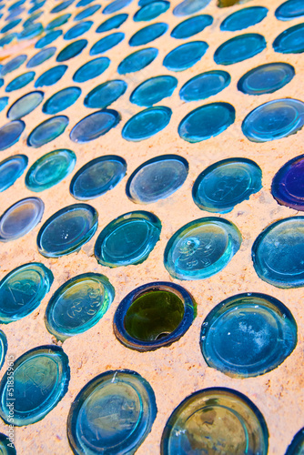View of colorful glass bottle wall in ghost town