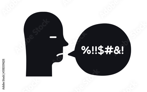 Bad swear talk man with bubble, broken communication concept illustration hand draw line style. Hard speaking, abusing talk, depression, stress discussion, anxiety, obscene behavior. 10 eps