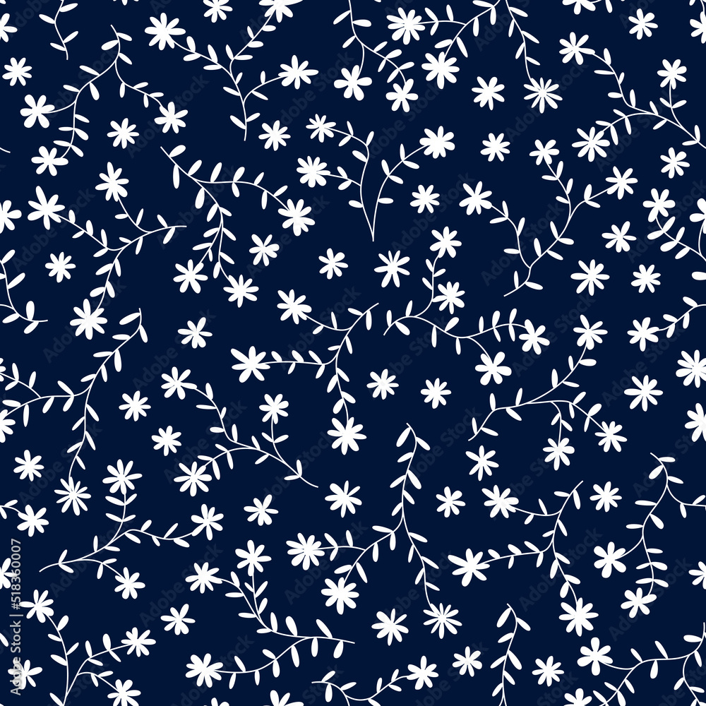Floral vector print. Small white flowers on navy background Floral vector print. Small white flowers on navy background