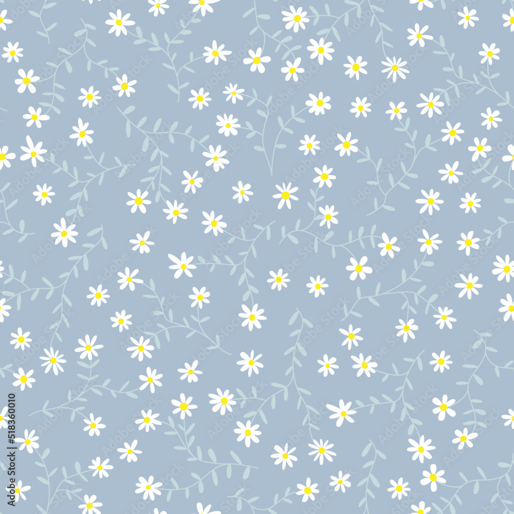 Floral vector print. Small white flowers on light blue background