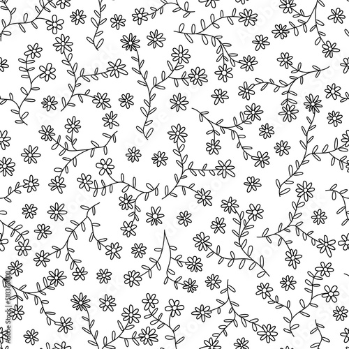Floral vector print. Small black flowers on white background