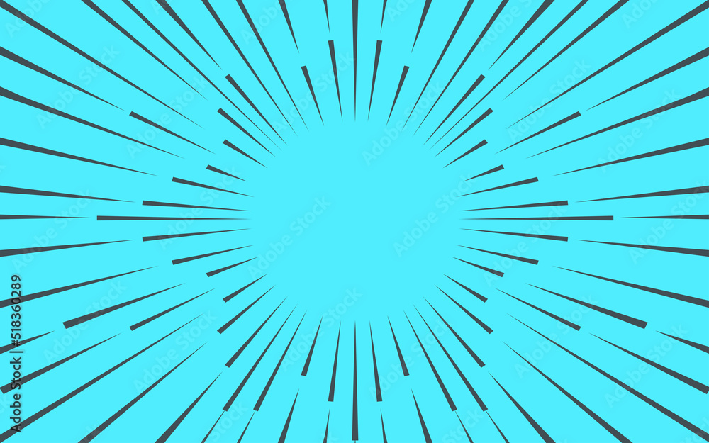Fototapeta premium Comic book speed lines blue color stripe and radial effect style for manga speed frame, superhero action, explosion background. Motion line effect, pop art. Vector 10 eps