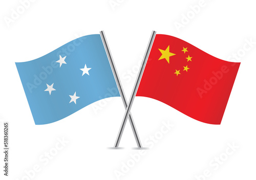 Micronesia and China crossed flags. Micronesian and Chinese flags on white background. Vector icon set. Vector illustration.