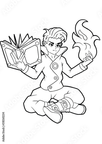 The boy is a fire magician sitting cross-legged, in one hand he holds a book of spells, in the second he casts fire magic drawing drawn in anime style outline drawing coloring book photo