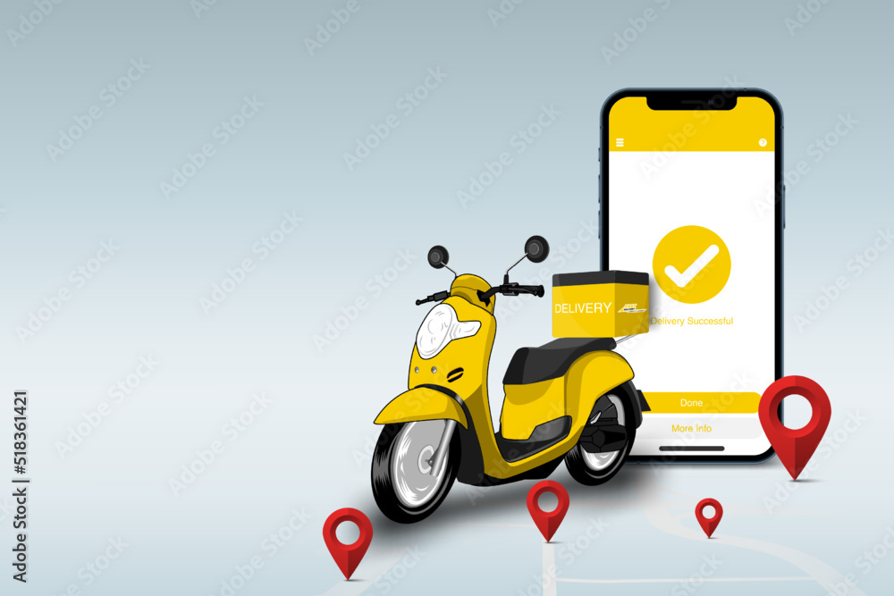 Online delivery service background concept, E-commerce concept, scooter smartphone and map pin, vector illustration