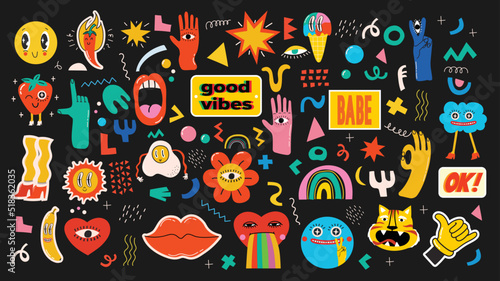 Big Set of Different colored Vector illustartions for posters in Cartoon Flat design. Hand drawn Abstract shapes, faces, different texture, greek elements, funny Comic characters.