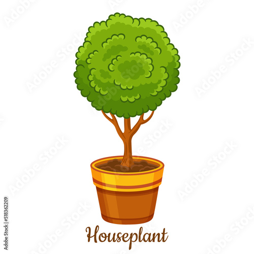 Potted houseplant, decorative garden tree in flower pot icon. Home gardening, grow bush seedling indoor. Green exotic botanical plant in ceramic vase with soil. House room interior decoration. Vector 