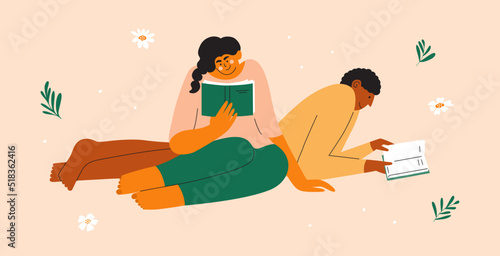 Book club vector illustration. Young man and woman read outdoor. Couple people relaxing in nature holding books in hand. Female and male characters reading literature or poetry. Leisure activity, rest