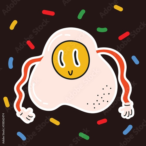 Crazy fried egg. Retro cartoon character in old animation style.