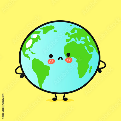 Cute angry planet Earth character. Vector hand drawn cartoon kawaii character illustration icon. Isolated on yellow background. Sad planet Earth character concept
