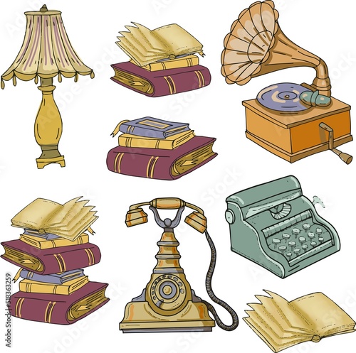 Telephone typewriter patifon old kgigi hand-drawn sketch doodle set large separately on a white background black and white