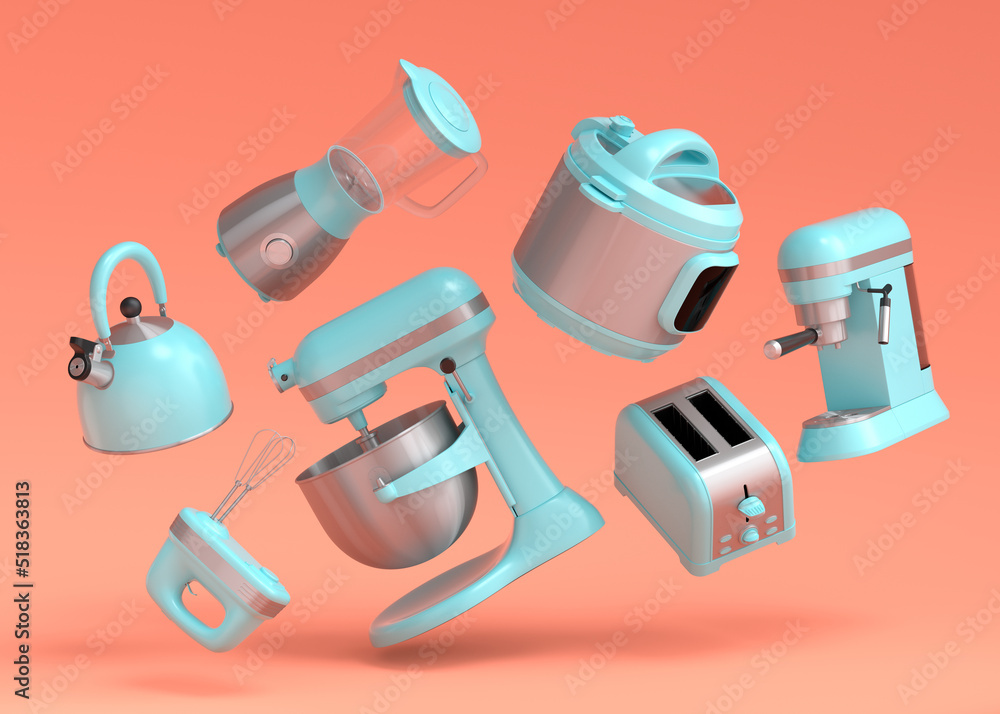 Fototapeta premium Electric kitchen appliances and utensils for making breakfast on coral