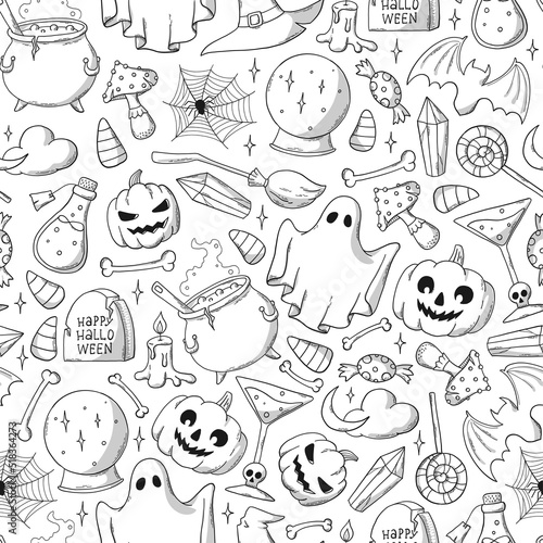 Fototapeta Naklejka Na Ścianę i Meble -  Halloween seamless pattern with hand drawn doodles for coloring pages, wrapping paper, wallpaper, backgrounds, textile prints, scrapbooking, sublimation, etc. EPS 10
