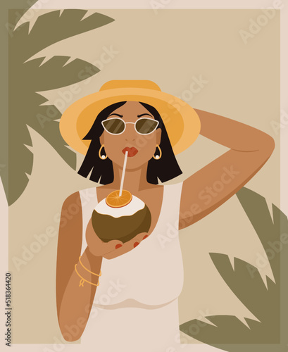 Portrait of tanned woman in straw hat and sunglasses on vacation. Female drinks coconut juice from coconut. Summer concept. Vector flat illustration