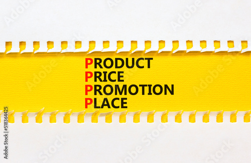 PPPP product price promotion place symbol. Concept words PPPP product price promotion place on yellow paper on beautiful white background. Business and PPPP product price promotion place concept. photo