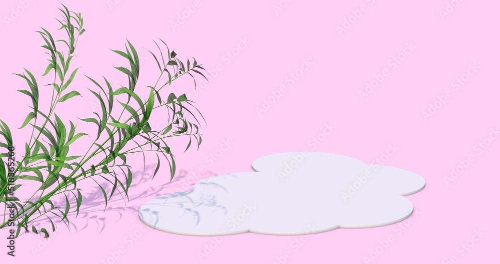 White podium on pink background, product advertisement design with plant leaves and shadow. Minimalistic background for advertising. 3D render White podium on pink background, product advertisement design with plant leaves and shadow. Minimalistic background for advertising. 3D render