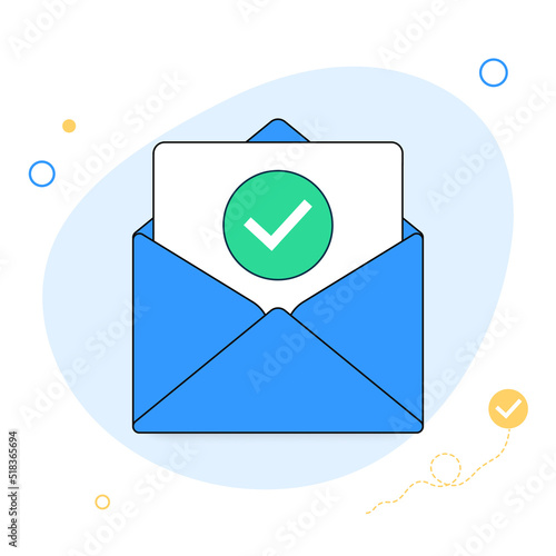 Opened envelope and document with green check mark line icon. Official confirmation message, mail sent successfully, e-mail delivery, verification email. Flat design. Vector