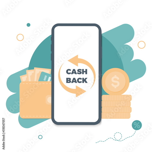 Online cashback concept. Saving money. Phone screen with cash back. Money transfer. Online banking flat illustration. Saving money. Money refund. Shopping online