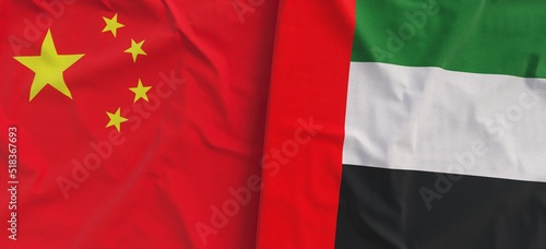 Flags of China and UAE. Linen flag close-up. Flag made of canvas. Chinese flag. Beijing. United Arab Emirates. State national symbols. 3d illustration.