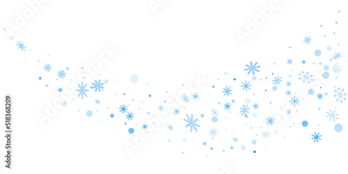 Blue delicate openwork snowflakes scatter on a white background. Festive background, postcard design, wallpaper