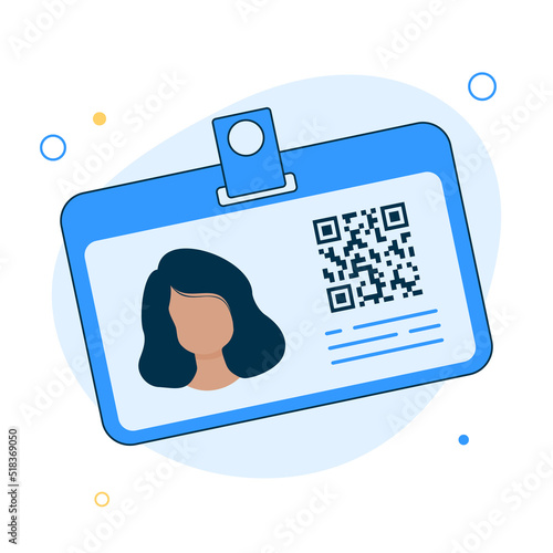 Badge of the woman in cartoon flat style.Identification card for man.ID card with woman photo. Plastic identification card