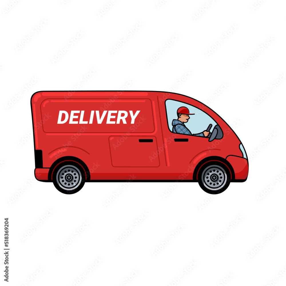 Courier driving delivery truck in cartoon style. Hand drawn vector illustration. Side view of driver in delivery car.