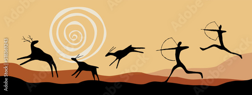 ancient hunters and deers vector landscape, digital retro background good for wallpaper and print design