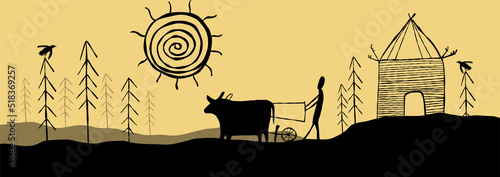ancient peasant vector landscape, digital retro background good for wallpaper and print design