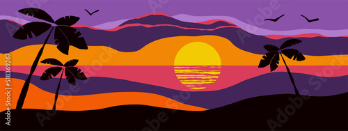 tropical sunset with palms vector landscape, digital background good for wallpaper and print design