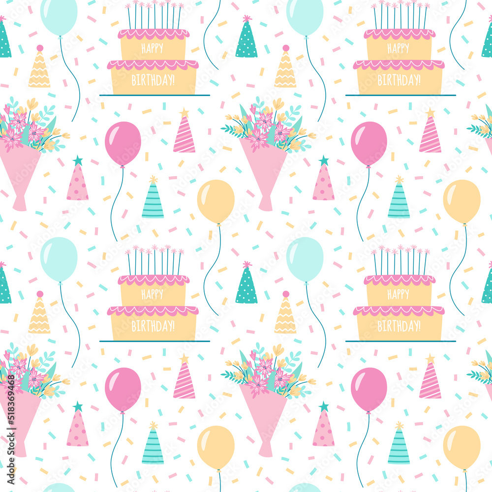 Colorful seamless pattern with Birthday cake and candles, balloons, festive hats and flower bouquets. Design for prints, wrapping paper, gift bags, scrapbooking. Colorful seamless pattern with Birthday cake and candles, balloons, festive hats and flower bouquets. Design for prints, wrapping paper, gift bags, scrapbooking.