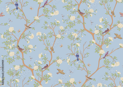 Camellia blossom tree With sparrow, finches, butterflies, dragonflies. Seamless pattern, background. Vector illustration. Chinoiserie, traditional oriental botanical motif.