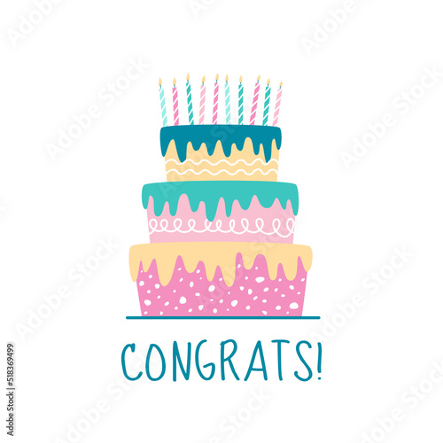 Cute Happy Birthday card with colorful cake and candles. Flat style vector illustration