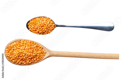 wooden and metal spoon with red lentils isolated on white background top view.