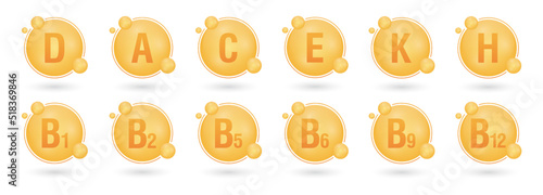 Set of multi vitamin complex icons. Multivitamin supplement. Vitamin A, B group B1, B2, B5, B6, B9, B12, C, D, E, K, H. Essential vitamin complex. Healthy life concept